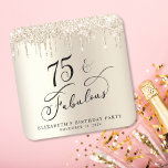 Dessous-de-verre Carré En Papier Elégante Parties scintillant d'or 75e fête d'anniv<br><div class="desc">Dessous de verre personnalisés chic pour sa fête de 75ème anniversaire avec "75 & Fabulous" dans un élégant script de calligraphie,  un arrière - plan de faux feuille d'or et gouttant de fausse parties scintillant or.</div>