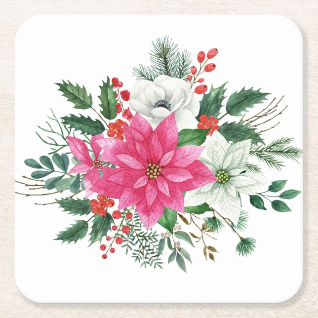 Dessous-de-verre Carré En Papier Élégante Poinsettie de Noël rose (Devant)