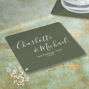 Dessous-de-verre Carré En Papier Élégante signature mariage vert olive calligraphié