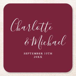 Dessous-de-verre Carré En Papier Élégante signature script mariage bordeaux
