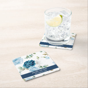 Dessous-de-verre Carré En Papier Élégantes Roses Bleues Aquarelle Mariage Floral
