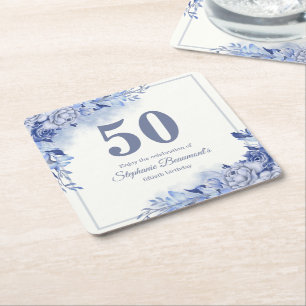 Dessous-de-verre Carré En Papier Élégantes Roses Bleues Florales 50e Anniversaire d