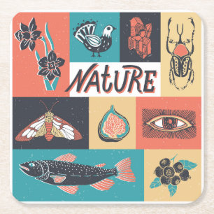 Dessous-de-verre Carré En Papier Éléments de la nature, Icônes de style rétro.