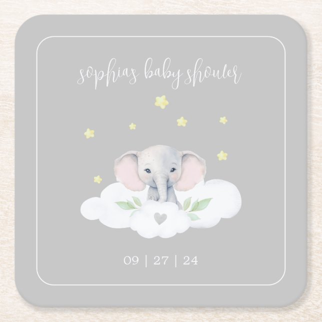 Dessous-de-verre Carré En Papier Eléphant gris Petite arachide Baby shower vaissell (Devant)