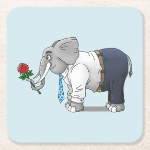 Dessous-de-verre Carré En Papier Éléphant romantique tenant une rose rouge