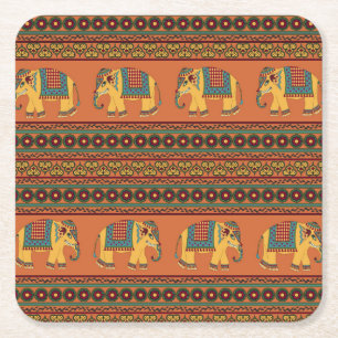 Dessous-de-verre Carré En Papier Eléphants Indiens, Orange Traditionnel Sans Seamle