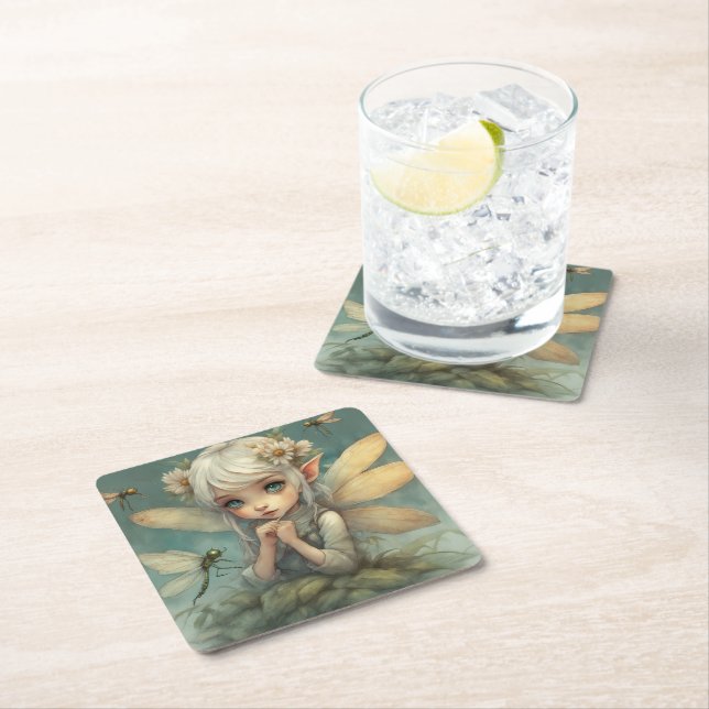 Dessous-de-verre Carré En Papier Elfe et libellule 2 (En situation)