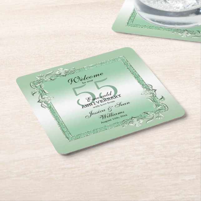 Dessous-de-verre Carré En Papier Emerald Gem & Parties scintillant 55e Mariage (Incliné)