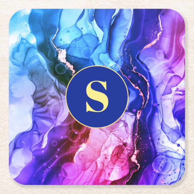 Dessous-de-verre Carré En Papier Encre Liquide Bleue, Violette Et Rouge, Monogramme (Devant)