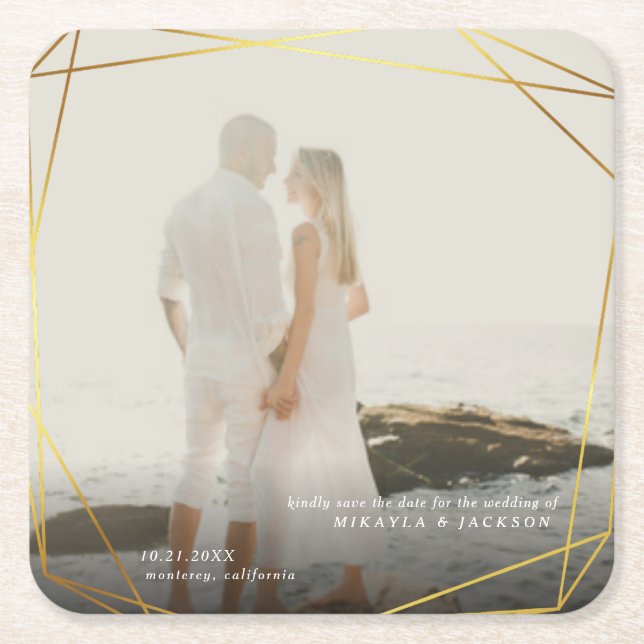 Dessous-de-verre Carré En Papier Enregistrer notre date Geometry Gold Prism Cadre p (Devant)