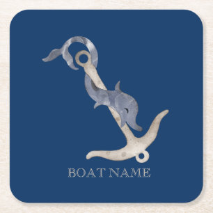 Dessous-de-verre Carré En Papier Esprit nautique Ancre Dauphin Bleu marine