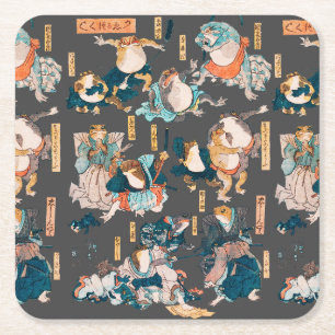 Dessous-de-verre Carré En Papier Estampe japonaise de grenouille sur bois Kuniyoshi