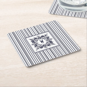 Dessous-de-verre Carré En Papier Étiquette Vintage et monogramme de la bande bleue