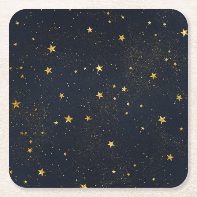 Dessous-de-verre Carré En Papier Étoiles D'Or Dans Le Ciel Nocturne (Devant)
