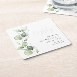 Dessous-de-verre Carré En Papier Eucalyptus Aquarelle 80e Anniversaire