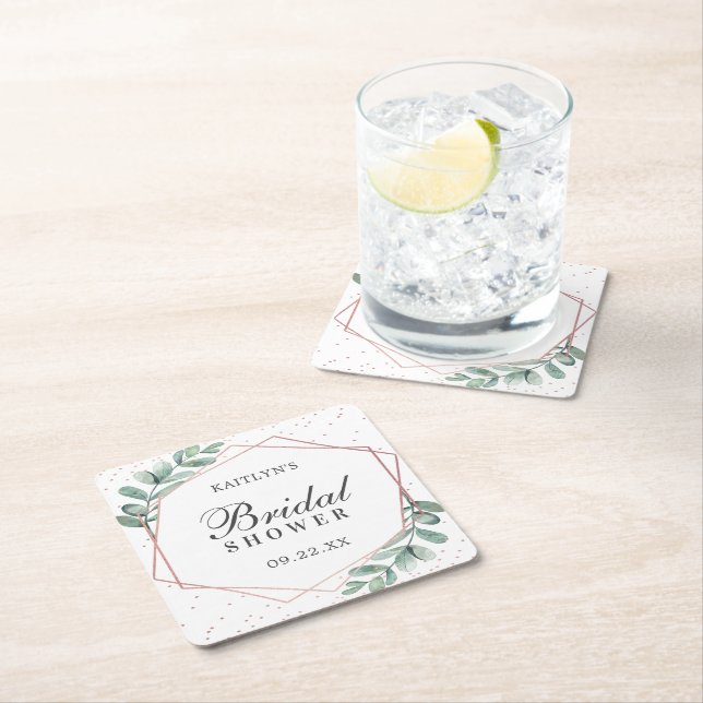 Dessous-de-verre Carré En Papier Eucalyptus Géométrique Rose Or Feuille Mariage Fêt (En situation)