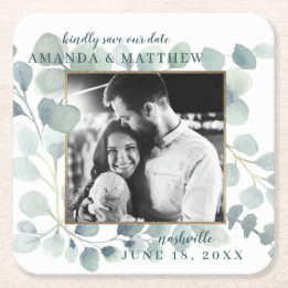 Dessous-de-verre Carré En Papier Eucalyptus Verdure Aquarelle Feuillage Bleu Dusty