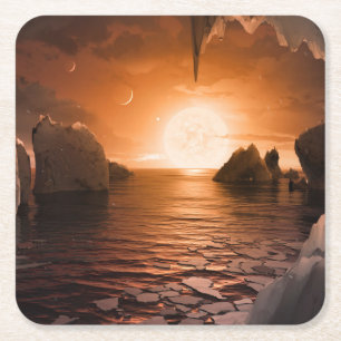 Dessous-de-verre Carré En Papier Exoplanet Trappist-1f De Son Côté Nocturne Icy.