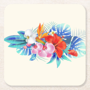 Dessous-de-verre Carré En Papier Exotic Tropical Flowers - Pink & Aquamarines