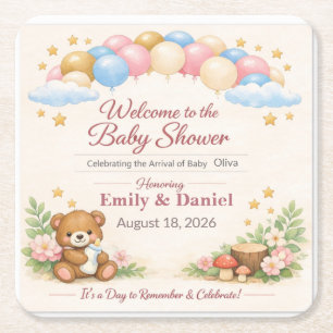 Dessous-de-verre Carré En Papier Faire-part de Baby Shower Ours en Peluche Bois