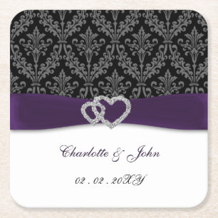 Dessous-de-verre Carré En Papier Faire-part de mariage en damas violet diamanté
