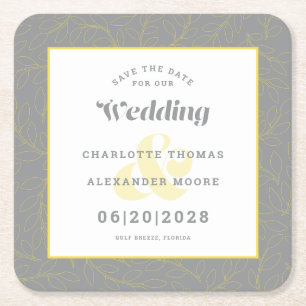Dessous-de-verre Carré En Papier Faire-part de mariage moderne jaune gris motif 