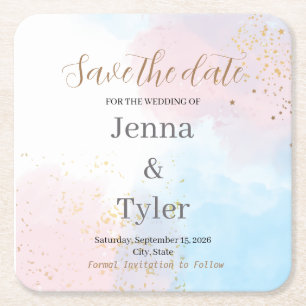 Dessous-de-verre Carré En Papier Faire part rose pastel et bleu aquarelle