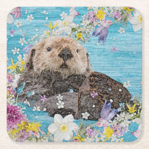 Dessous-de-verre Carré En Papier Fairytale Otter dans la rivière des Fleurs
