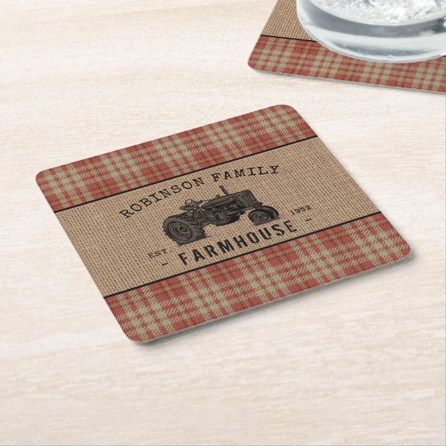 Dessous-de-verre Carré En Papier Family Farmhouse Rustic Tractor Red Plaid (Incliné)