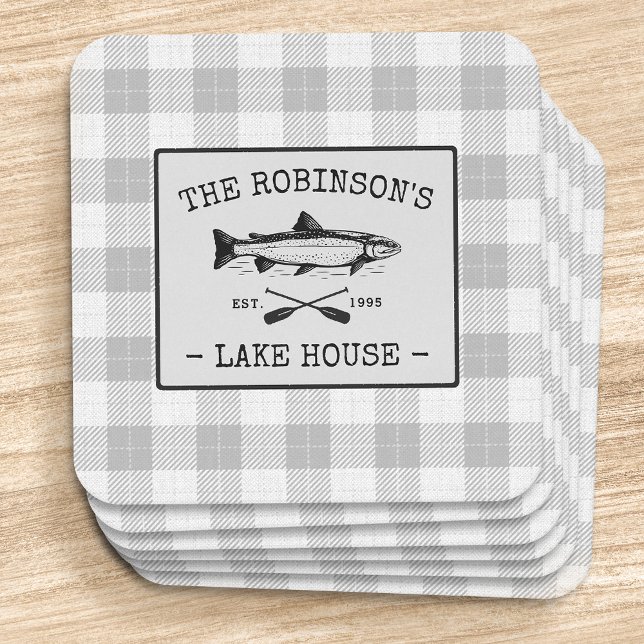 Dessous-de-verre Carré En Papier Family Lake House Oars Poisson Russe Blanc Plaid (Créateur téléchargé)