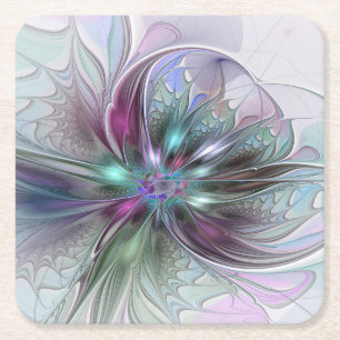 Dessous-de-verre Carré En Papier Fantaisie Abstraite Moderne Fleur Fractale Colorée