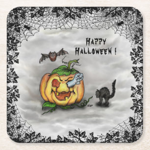 Dessous-de-verre Carré En Papier Fantôme, Chat, Chat et Citrouille, Bonne Hallowee