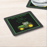 Dessous-de-verre Carré En Papier Farmer's 40th Birthday Party<br><div class="desc">Dessous de verre de fête d'anniversaire de l'agriculteur, avec l'image imprimée d'un tracteur sur un arrière - plan noir, avec un cadre coloré assorti joignant vos détails de l'événement tous imprimés sur un arrière - plan à effet de pneu noir. Ce design convient à toute personne et à toute saison....</div>