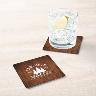 Dessous-de-verre Carré En Papier Farmhouse Nom de famille Rustic Wood Forest
