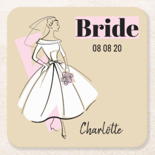 Dessous-de-verre Carré En Papier Fashion Bride Neutral Bride Date Nom dessous de ve