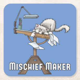 Dessous-de-verre Carré En Papier Fauteur de trouble chat blanc Dessous de verre en