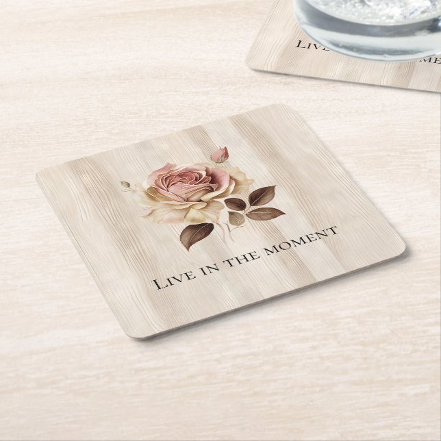 Dessous-de-verre Carré En Papier Faux Crème Rustique Rose Bois (Incliné)