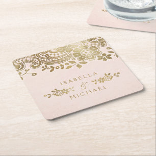 Dessous-de-verre Carré En Papier Faux or blush élégant vintage dentelle mariage