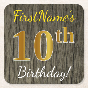 Dessous-de-verre Carré En Papier Faux Wood, Faux Gold 10e anniversaire + Nom person