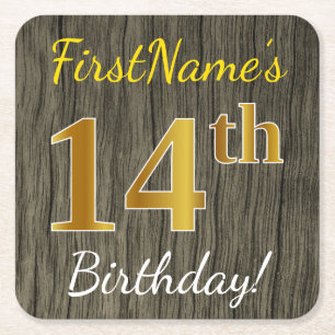 Dessous-de-verre Carré En Papier Faux Wood, Faux Gold 14e anniversaire + Nom person