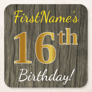 Dessous-de-verre Carré En Papier Faux Wood, Faux Gold 16e anniversaire + Nom person