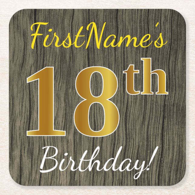 Dessous-de-verre Carré En Papier Faux Wood, Faux Gold 18e anniversaire + Nom person (Devant)