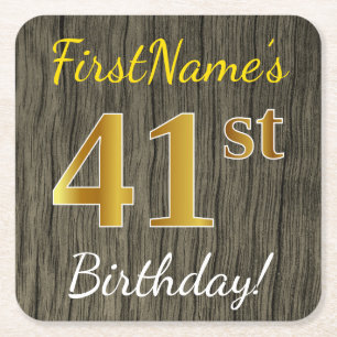 Dessous-de-verre Carré En Papier Faux Wood, Faux Gold 41e anniversaire + Nom person