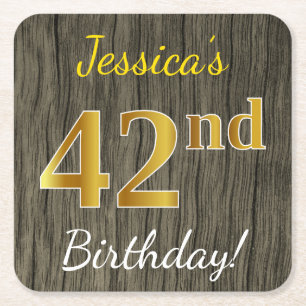 Dessous-de-verre Carré En Papier Faux Wood, Faux Gold 42e anniversaire + Nom person