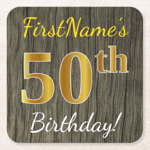 Dessous-de-verre Carré En Papier Faux Wood, Faux Gold 50e anniversaire + Nom person