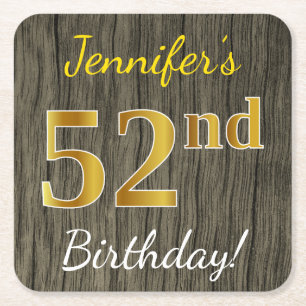 Dessous-de-verre Carré En Papier Faux Wood, Faux Gold 52e anniversaire + Nom person