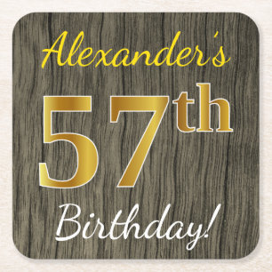 Dessous-de-verre Carré En Papier Faux Wood, Faux Gold 57e anniversaire + Nom person