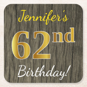Dessous-de-verre Carré En Papier Faux Wood, Faux Gold 62e anniversaire + Nom person