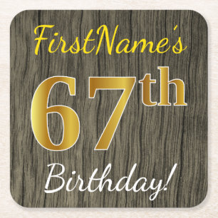 Dessous-de-verre Carré En Papier Faux Wood, Faux Gold 67e anniversaire + Nom person