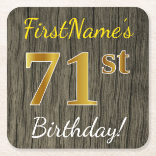 Dessous-de-verre Carré En Papier Faux Wood, Faux Gold 71e anniversaire + Nom person